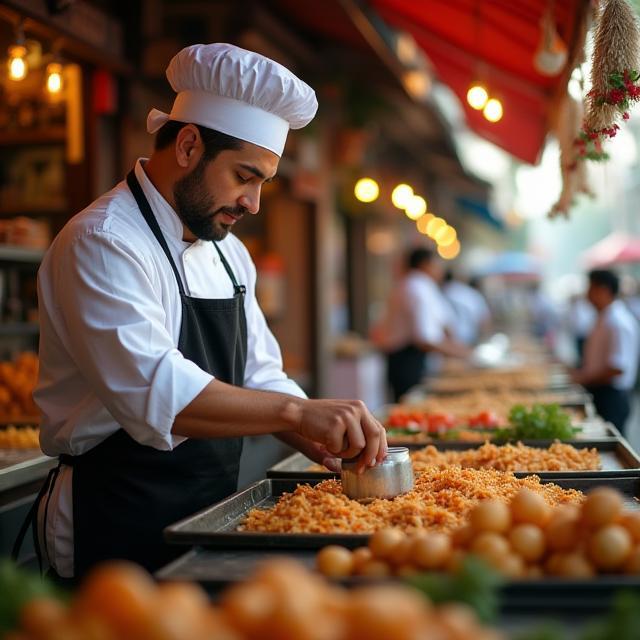 Chef preparing food at a bustling street market